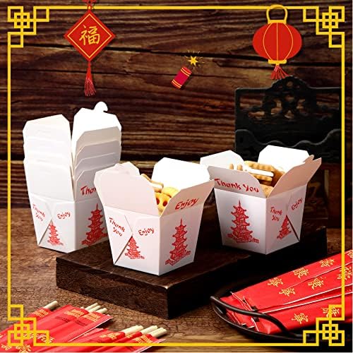 8 גרם קופסאות מוציאות סיניות עם מקלות אכילה, מכולות אוכל נייר פגודה עם מקלות אכילה חד פעמיים עם שרוולים ומופרדים