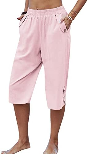 Veatzaer נשים מכנסי קפרי מזדמנים מותניים אלסטיים צבע אחיד 3/4 מכנסי קיץ עם כיסים