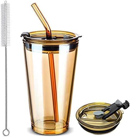 כוס כוס זכוכית עם מכסה וקש, 15 עוז כוסות זכוכית ברורות לשימוש חוזר לשימוש חוזר ספלי שייק למשקה קר וחם משקה