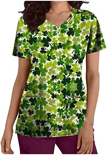 חולצות יום פטריק הקדוש לנשים שרוול קצר חולצה אחידה עבודה עם צווארון ירוק רופף בגדי עבודה גרפיים עם