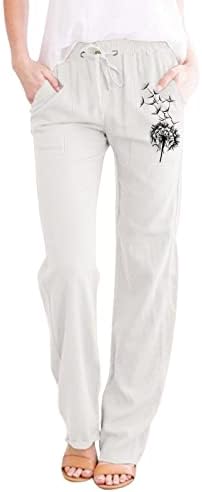 מכנסי פשתן MTSDJSKF נשים, מכנסי טרקלין רגליים רגילות ברגל גבוהה מותניים עם מכנסי פשתן עם כיסים חותלות נשים