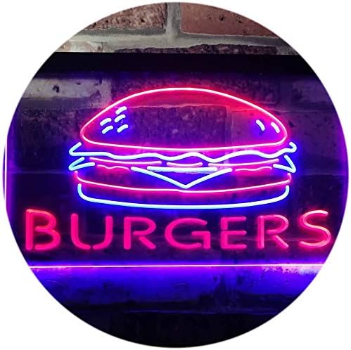 Advpro Hamburgers המבורגרים חנות מזון מהיר פתוח צבע כפול LED שלט ניאון כחול ואדום 12 x 8.5