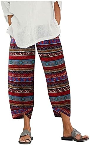 קאפרי מכנסיים לנשים כותנה פשתן רחב רגל קאפריס נשים קיץ קצוץ מכנסיים חוף אלסטי מותניים בבאגי