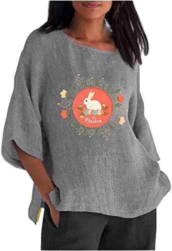 חולצת טריקו של פסחא נשים נשים צוואר עגול 3/4 חולצת טיר חולצה עם שרוולים חולצת כותנה וארנבת פשתן
