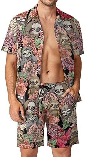 WEEDKEYCAT SLOTHS תלבושות חוף לגברים 2 חלקים כפתור הוואי למטה חולצה קצרה שרוול ומכנסיים קצרים תא מטען