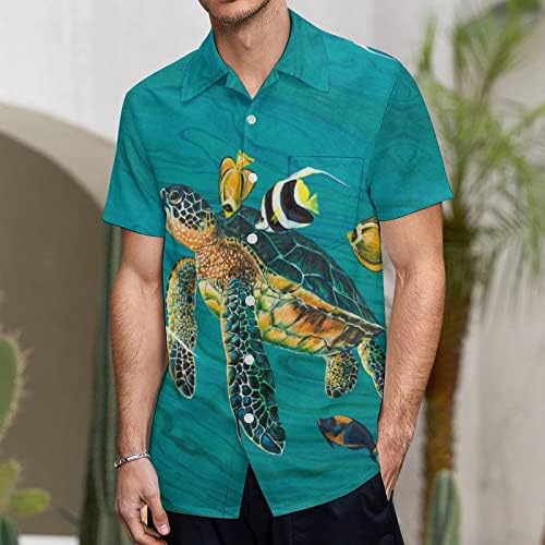 צב ירוק ציור חולצה הוואי של גברים כיס שרוול קצר כפתור דק-כפתור למטה מצחיק