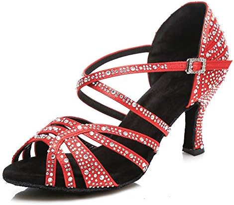 הנשים של היפוזוס נעלי ריקוד לטיניות אולם נשפים עם אבני חן מודרניות נעלי מסיבת סלסה עקב 10 סמ, דוגמנית CY356, אדום,