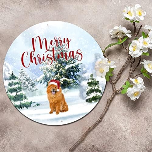 לוחית פח עגולה שלט פח כלב חג מולד שמח עם כובע דקור דקורטיבי שלט דלת קיר לוחית מעגל וינטג
