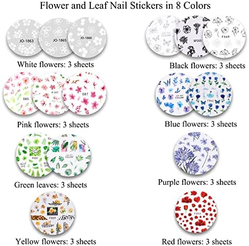 היליבום 16 גיליונות 3 מדבקות ציפורניים פרחים דבק עצמי מכיל כחול, ורוד, לבן, שחור, אדום, סגול, צהוב פרחים ועלים