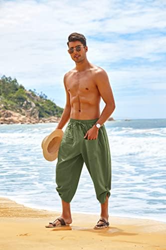 מכנסי קפרי הרמון פשתן לגברים קופנדי מותניים אלסטיים מזדמנים מכנסי בוהו יוגה חוף כותנה עם כיסים