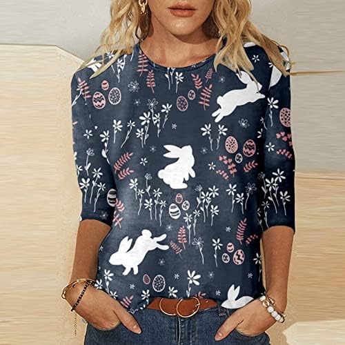 חולצת פסחא 3/4 שרוול לנשים עוף פרחוני מודפסים מודפסים צוואר עגול עליון סוודר סוודר ביצה בייסבול חולצת