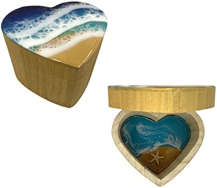 מתנות יום אמהות טובות 2023, ארגז טבעת בעבודת יד בהשראת אוקיינוס, קופסת תכשיטים מעץ בצורת לב,