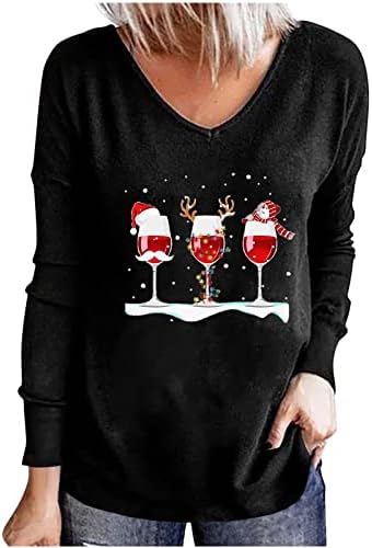 נשים של חג המולד אדום יין זכוכית חולצה מתגנדר מקרית צווארון ארוך שרוול חולצה חג בלינג חג המולד
