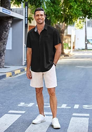 חולצות פשתן מקרית של גברים שרוול קצר כפתור למטה חולצה קיץ חוף חולצות