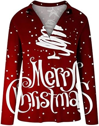 נשים של סתיו החורף ארוך שרוול צווארון חולצות חג המולד עצי פתית שלג הדפסת דש מזדמן רופף טוניקת חולצות