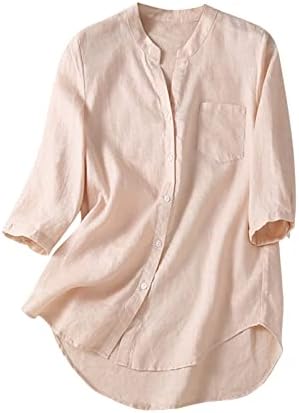 צמרות פשתן כותנה לנשים V צוואר כפתור חצי שרוול חולצת טריקו בצבע אחיד חולצות רופפות חולצות קיץ