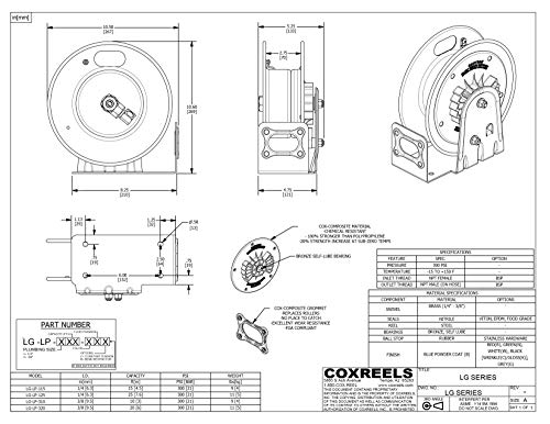 Coxreels LG-LP-320-HV נשלף קומפקטי לחץ נמוך נמוך קפיץ מחדש סליל צינור: 3/8 I.D, יכולת צינור 20 ', עם צינור