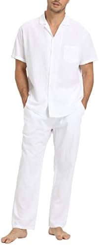 פשתן חולצה מכנסיים תלבושות:גברים של פשתן סטי 2 חתיכה קצר שרוול חולצות יוגה מכנסיים חוף חתונה חליפות