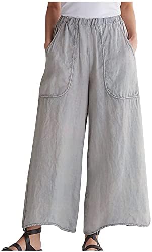 מכנסי פשתן CHGBMOK לנשים מכנסי טרקלין אלסטיים מזדמנים מכנסיים לרגל רחבה מכנסיים רטרו מכנסיים צבעוניים עם