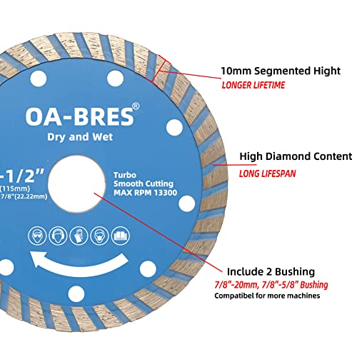 OA-BRES 4-1/2 אינץ 'להב יהלום, גלגל חיתוך יהלום טורבו למטחנת זווית, חיתוך חלק ויבש ורטוב לחסימת לבנה