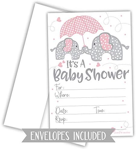 נערת פיל ורודה הזמנות למקלחת לתינוקות עם מעטפות