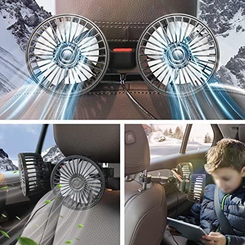 חבילת Fogfar של מאוורר אחד עם ראש כפול, מאוורר מושב אחורי מסתובב 360 מעלות, מאוורר מושב מכונית ניידים,