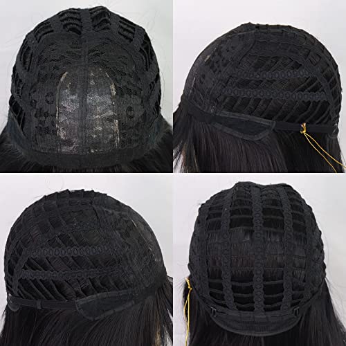 אבינגו 28 אינץ שחור פאה עם פוני עבור נשים בנות +1 פאת כובע ארוך ישר שחור סינטטי התיכון חלק חום עמיד פאה