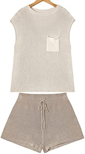 אלנוול סוודר נשים מגדיר תלבושות תלבושות עם שרוול סרוג סרוג סריגה שני חתיכות ומכנסיים קצרים