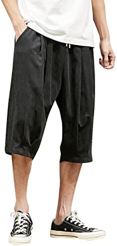 מכנסי קפרי של Ubst גברים בסגנון יפני מכנסיים מזדמנים רופפים קיץ עם כיסים אלסטיים מכתים רגועים בכושר 3/4 מכנסיים