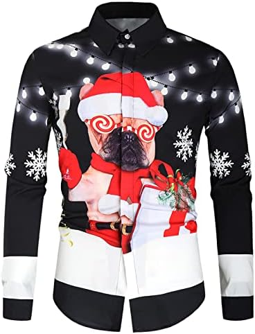 חולצות חג מולד xxbr לגברים, מצחיק 3D חג המולד סנטה קלאוס חתול מודפס צמרות שרוול ארוך כפתור למטה