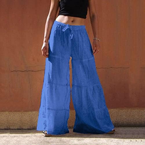 מכנסי פאלאצו שכבות נשים בוהו זורם מותניים אלסטיים רגל רחבה מכנסי חוף מכנסי כותנה פשתן מכנסי טרקלין