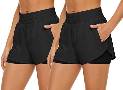 HKJievShop 2 חבילות מכנסיים קצרים אתלטים לנשים, מכנסיים קצרים מהיר של ריצה יבש עם כיסים מכנסי חדר