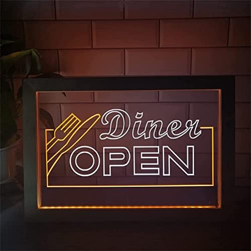 Dvtel Diner Open LED שלט ניאון, עיצוב מסעדות אורות לילה USB אורות ניאון עם מסגרת עץ, שלט זוהר תלוי קיר, 42x32