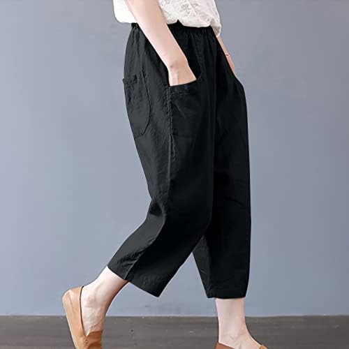 מכנסי פשתן של CHGBMOK לנשים קפרי קפרי טרקלין מכנסיים עם כיסים כותנה צבע אחיד ארוך מכנסי רגל רחבה מכנסיים פלאצו