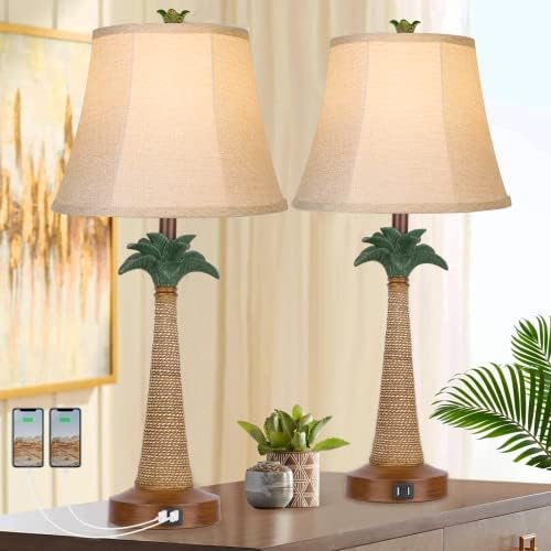 סט של 2 החוף דקל עץ שולחן מנורות עם 2 יציאות לסלון חוף המיטה מנורות לחדר שינה טרופי שידה מנורות