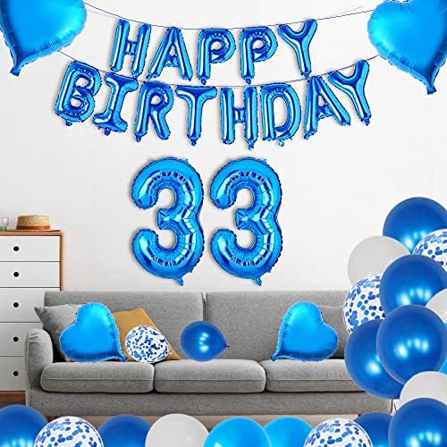 יוג'יאונלי קישוטי מסיבת יום הולדת 33 יום הולדת כחול יום הולדת שמח נייר כסף בלונים כחול מספר
