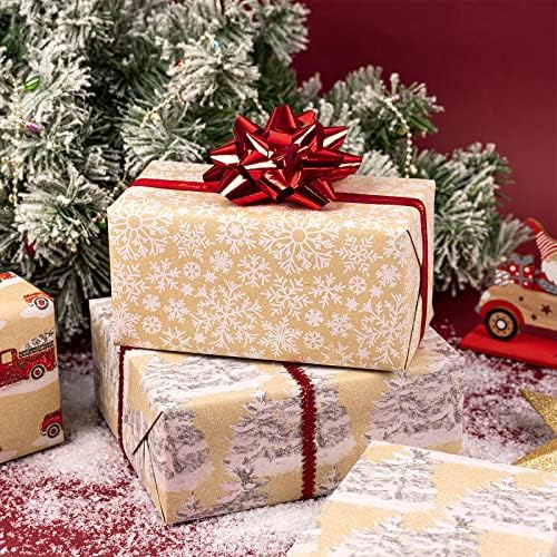 נייר עטיפה לחג המולד של רוספפה, נייר קראפט-פתית שלג, איש שלג , משאית אדומה ועץ חג המולד - 4 גלילים - 30 אינץ