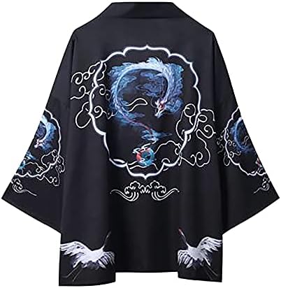 Beuu Kimono Cardigan יפני לגברים, קדמי פתוח רופף 3/4 שרוול קל משקל קל משקל אוקייו דרקון ג'קט