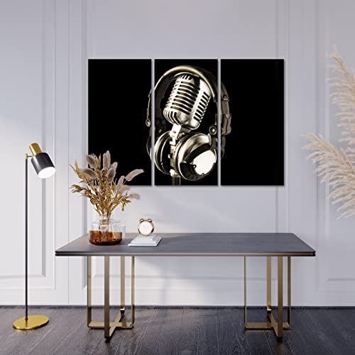 3 חתיכה אוזניות ומיקרופון תמונה הדפסת על שחור רקע בד פורמוזיקה חדר קיר תפאורה כלי נגינה ציור