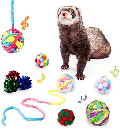 צעצועים אינטראקטיביים של כדור חמוס: חוט צמר לעיסת כדורי צעצוע עם פעמון / כדורי פונפון צבעוניים וכדורי קמטים