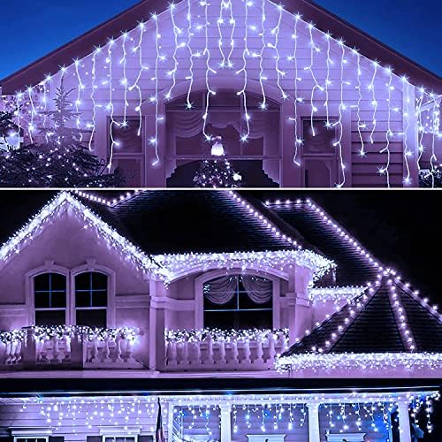 אורות קרח חג המולד חיצוניים 33ft 400 חיצוניים קישוטי חג עמיד למים אורות עם שלט רחוק, 8 מצבים, אורות