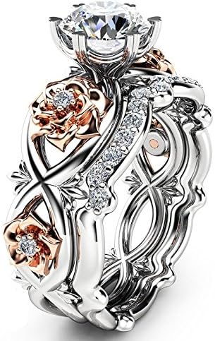 גבירותיי כסף זהב עגול מעוקב זירקוניה 2 חתיכות סט טבעת כלות CZ טבעות אירוסין לנשים להקות חתונה
