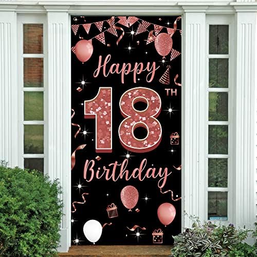 באנר דלת רקע ליום הולדת 18, קישוטי יום הולדת 18 שמחים לילדות, קישוט שלט כיסוי לדלת יום הולדת 18 שחור,
