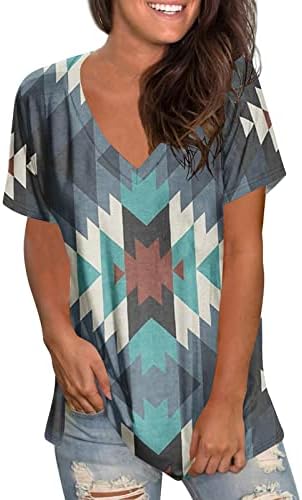 חולצות T צוואר לנשים וינטג 'וינטג' גיאומטרי חולצת טשטט שבטי אצטק הדפס צמרות קיץ רופפות חולצה הוואי מזדמנת