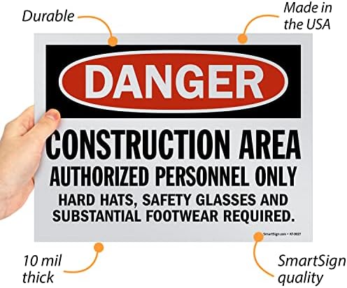 SmartSign 9 x 12 אינץ 'סכנה - שטח בנייה, כוח אדם מורשה בלבד, כובעים קשים, משקפי בטיחות נדרשים שלט OSHA, מודפס