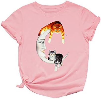 חולצות ליום האהבה נשים גדולות עם שרוול קצר חתול ירח הדפס