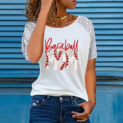 צמרות טוניקה של נשים תחרה שרוול קצר חולצת טש קיץ טיז בסיסי לב בייסבול מודפס חולצה חולצות טרנדיות טרנדיות