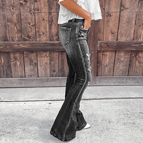ג'ינס לנשים מכנסי התלקחות עם מותניים רכים רכים קרעו מכנסי רגל רחבים של מכנסי רגל רחבים שהרסו ג'ינס חצוצרה