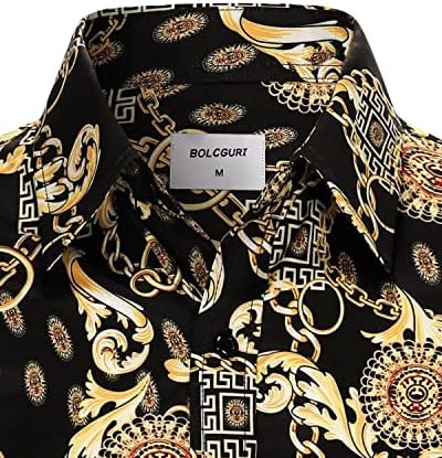 Bolcguri Mens שחור זהב שחור בוכונה חולצות שרשרת חולצות יוקרה הדפסת בארוק כפתור שרוול ארוך למעלה חולצה משיי