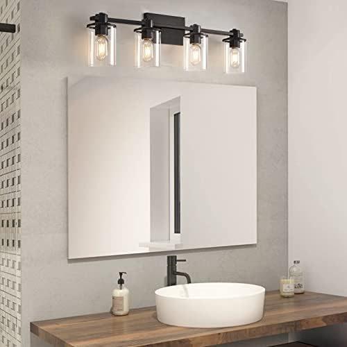 4 - אור מודרני יהירות אורות, תעשייתי מט שחור אמבטיה אור גופי עם ברור זכוכית, יהירות אורות מתקן לאמבטיה, סלון, מראה,